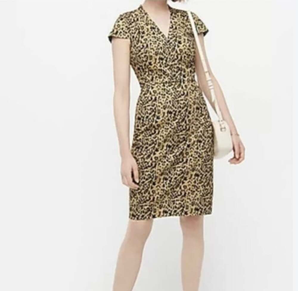 J.Crew Dress Womens 8 Brown Animal Print Short Sleeve V Neck Sheath Knee Length